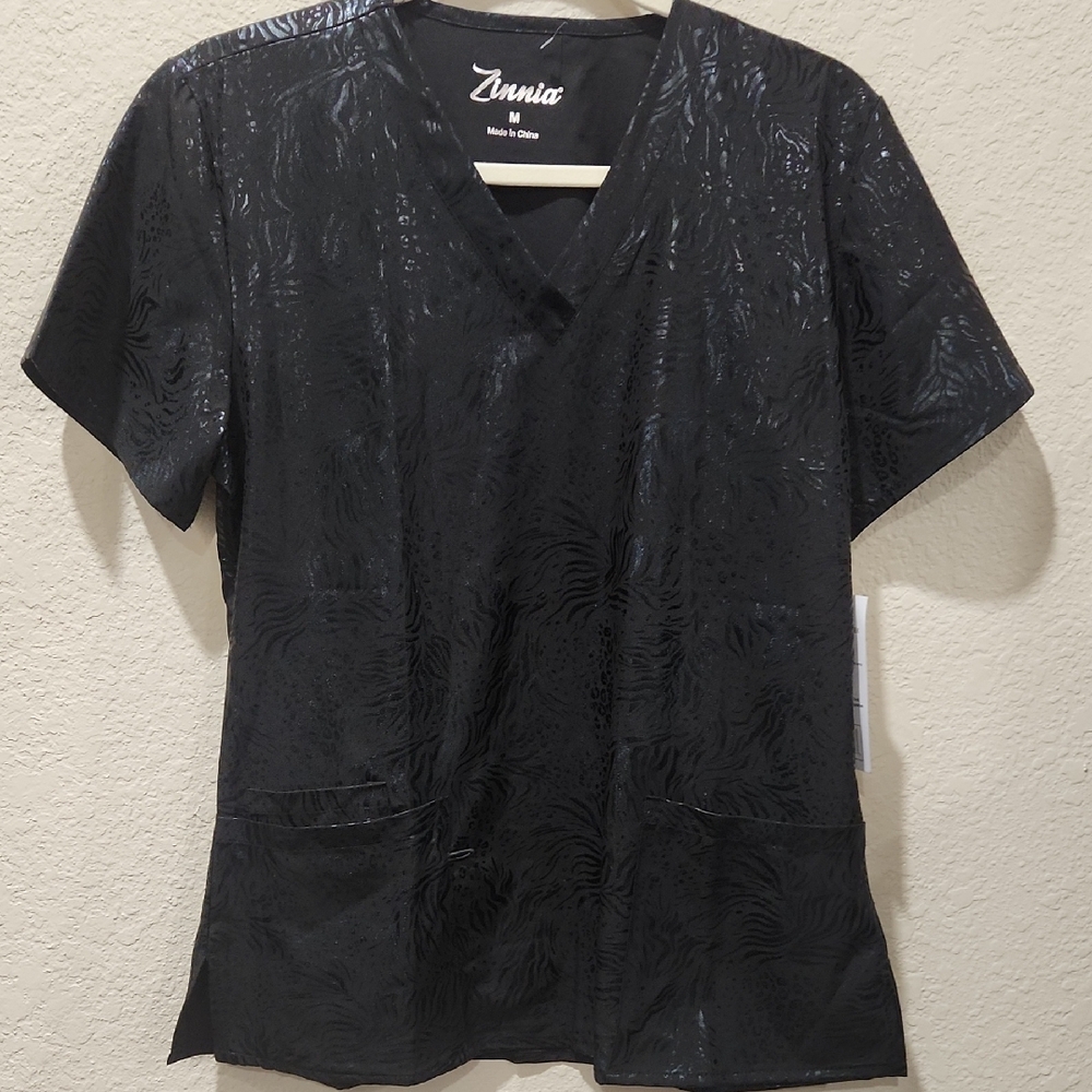 Women's Scrub Top Black Safari Pattern
